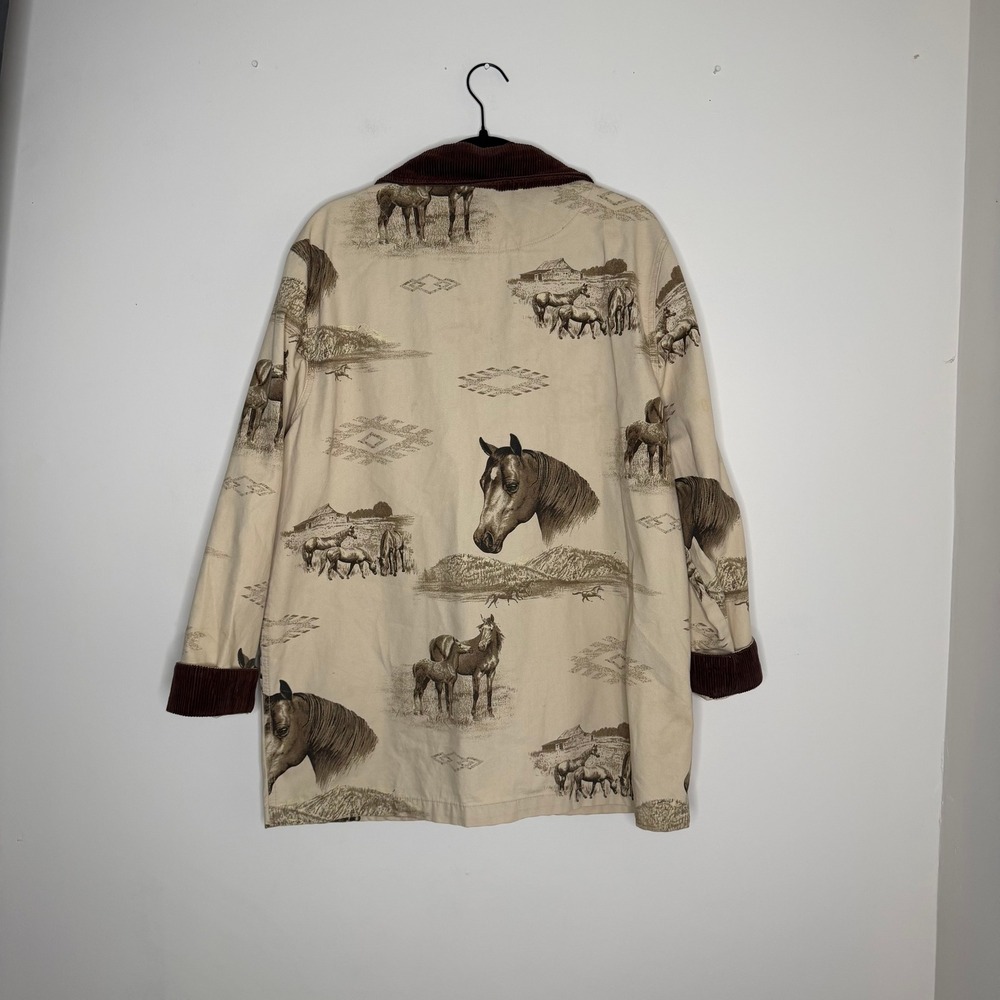 Vintage Bit & Bridle Western Horse Print Barn Jacket Tan Corduroy Trim Sz Large - Picture 11 of 11